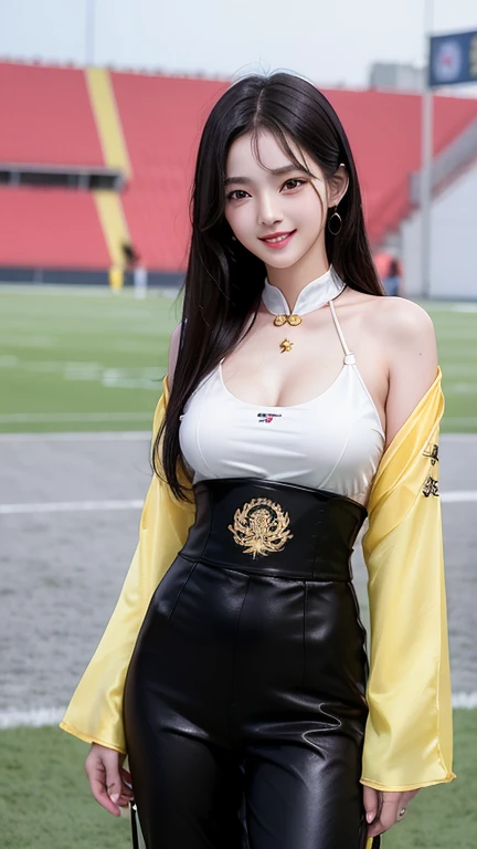 (Best Quality, 4K, Masterpiece: 1.3), Pretty Korean Woman, 1girl, Sexy: 1.1, Long Dark Black Hair: 1.1, Woman in Tight Chinese Hanfu Suit,Yellow Hanfu Suit, Ultra-detailed Face, Detailed Lips, Delicate Eyes, Double Eyelids, ((Black Short Pants)), Big Breas...