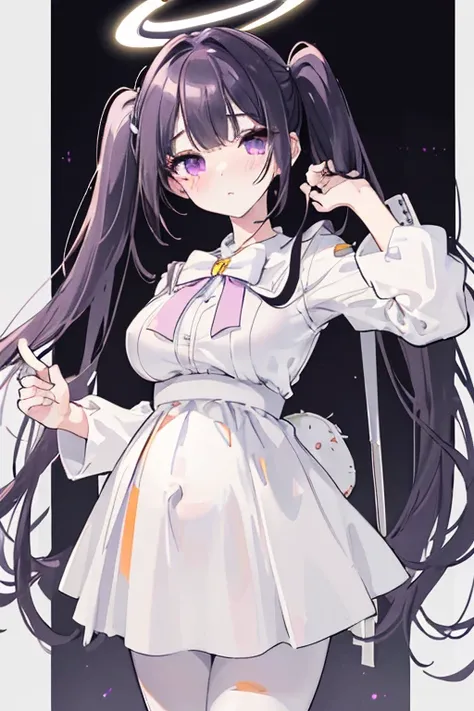 white skirt,black hair, twintails, white skirt, white pantyhose, 8K, masterpiece,detailed halo,16 years old highly detailed face,medium breast,solid circle eyes,wing on the waist,purple eyes,god ray,detailed shading,depth of field, shame, blush, maternity ...