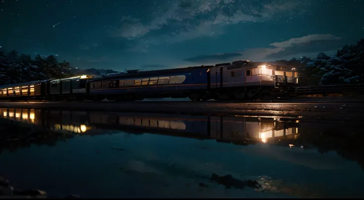 High quality masterpiece, landscape, anime train passing through bodies of water on tracks, bright starry sky. Romantic train, pixiv, concept art, lofi art style, reflection. by Makoto Shinkai, lofi art, Beautiful anime scene, Anime landscape, detailed sce...