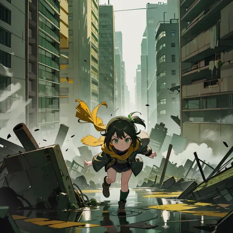 one-girl，brown side ponytail，Green-eyed， Yellow scarf fluttering，punky style，Black stroke，gray day，buildings，depth landscape，grieves，There are puddles in the ground，inverted image，（grieves），（Dark green trench coat），The role is centered，The city collapsed