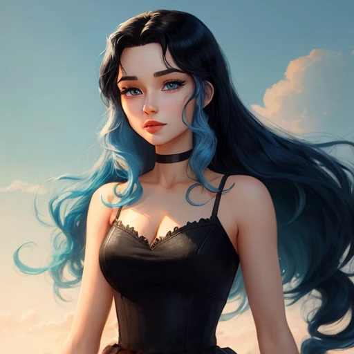 beautiful animated disney woman with long black hair with blue hair underneath, and blue eyes