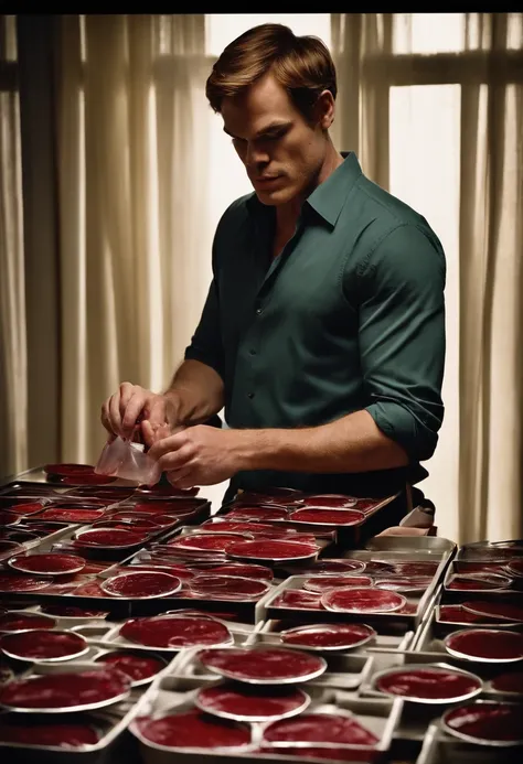 A photo of Dexter carefully organizing his collection of blood slides,original,michael c hall, male