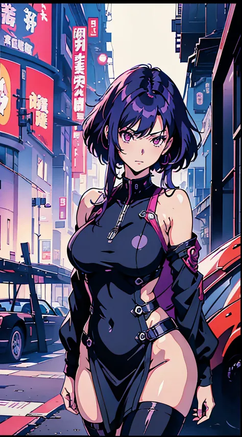 kusanagi motoko, purple colored hair, red eyes,anime style woman wearing black tights， anime《fantasma na concha》curly, kusanagi,...