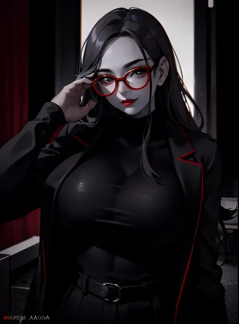 There is a woman in glasses and a black top posing for a photo, 18 years old, thick red lips, Profile picture, Profile photo, 2 2 years old, taken in the early 2020s, Profile photo, thick lips , 21 years old, 2 3 years old, ayahausca, 1 6 years old, red li...