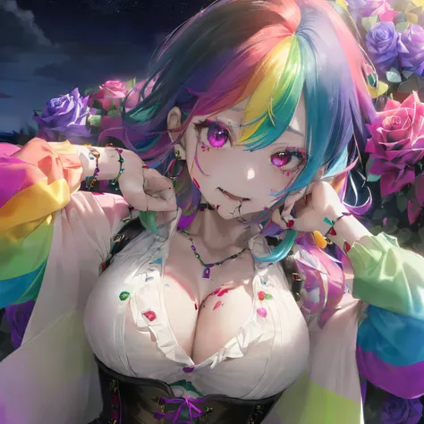 ((Colorful rainbow-colored hair that is a mixture of various colors)),((Curled hair)),(Bewitching smile),((Eyes with a colorful mixture of colors)),(balloon sleeve long sleeve clothes),(plaid long sleeve tops),((colorful long vest),((Shining corset with se...