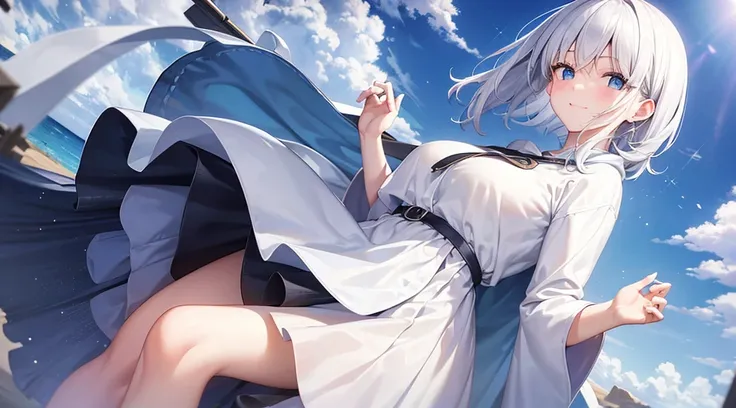 Look at viewers, hands behind back, girl with, 20 years old, Very short hair, long bangs between eyes, pale blue eyes, Hoodie, Skirt , Blue sky, Sunlight, Extremely detailed,(​masterpiece、top-quality)、独奏、White hair、Black eyes、A smile、White skin as clear as...