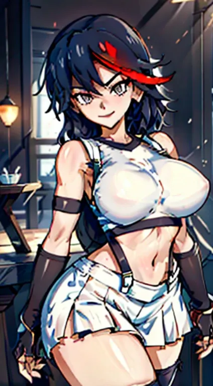 best quality, ultra-detailed, high resolution, extremely detailed CG, unity 8k wallpaper, super detailed skin, detailed, dynamic lighting, beautiful detailed eyes, kill la kill, ryuko matoi, defTifa, red crop top, elbow pad, fingerless gloves, suspenders, ...