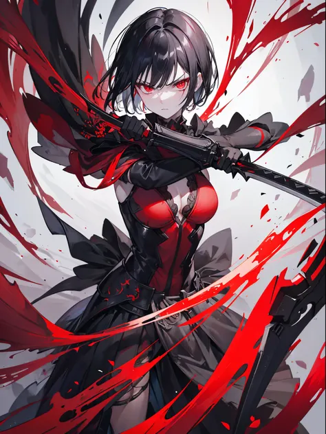 1girl, black hair, short hair, pale skin, red eyes, black costume, black long sword, holding a black sword, aggressive look, angry, red spider lily flowers everywhere, blood on flowers, (masterpiece), best quality, expressive eyes, perfect face