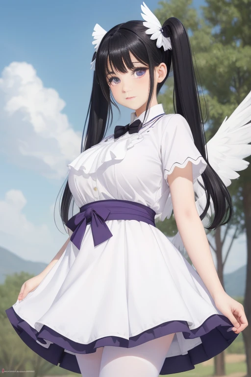 white skirt,black hair, twintails, white skirt, white pantyhose, 8K, masterpiece,detailed halo,16 years old highly detailed face,medium breast,solid circle eyes,wing on the waist,purple eyes,god ray,detailed shading,depth of field, shame, blush, maternity ...