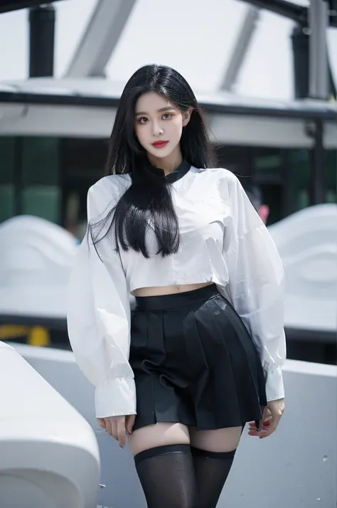 The most real，One wears a black hip skirt，Black stockings，White color blouse，The expression is very eye-catching，Look ahead，perfect body figure