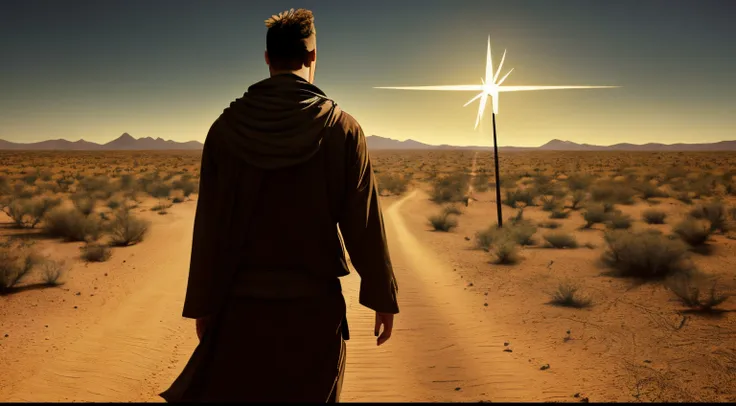 Cain walking through a desert, with a mark on his forehead. The mark is a cross, representing Gods mercy. Cain is looking at the horizon, with an expression of determination.