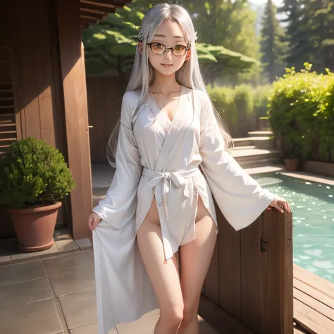 Long silver hair、hime-cut、Golden Eyes、eye glasses、ssmile、early teenage girls、flat chest、Thin pubic hair、Beautiful open legs、bath robe、campsite