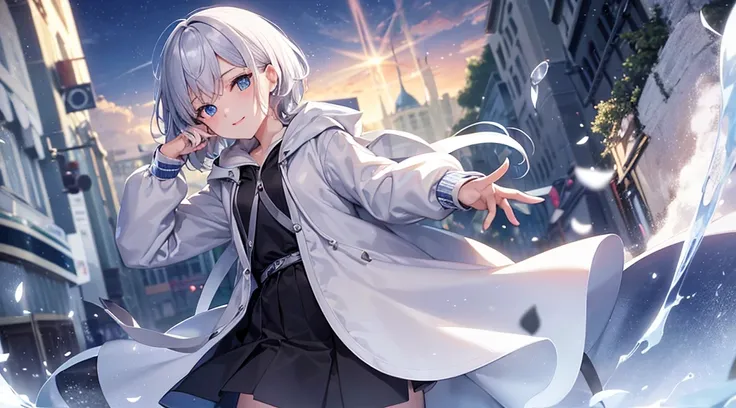 Look at viewers, hands behind back, girl with, 20 years old, Very short hair, long bangs between eyes, pale blue eyes, Hoodie, Skirt , Blue sky, Sunlight, Extremely detailed,(​masterpiece、top-quality)、独奏、White hair、Black eyes、A smile、White skin as clear as...