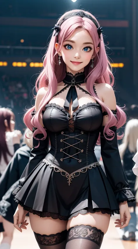 (masterpiece, best quality), 1 girl, curvaceous perfect body, nice breasts, wavy hair, pastel goth, gothic lolita cosplay minidr...