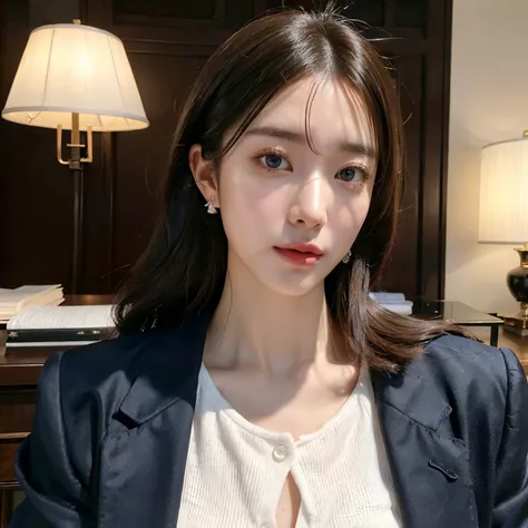 Yuki Shiramori, 30 years old, Korean girl, Korean Hairstyle, Brown Hair, wearing woman office suit, Blue eyes,(best quality:1.33), (masterpiece:1.42),(semi realistic:1.3), (detailed:1.15),(skin details), Dappled Light, analog style (look at viewer), (skin ...