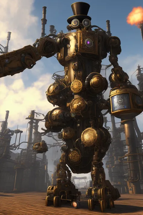 Steampunk video game boss, ultra high resolution, realistic, 4k, robot, top hat, goggles, smokestacks coming out back