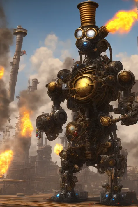 Steampunk video game boss, ultra high resolution, realistic, 4k, robot, top hat, goggles, smokestacks coming out back