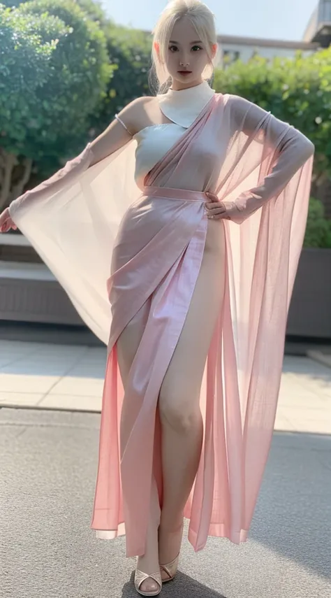 A beautiful woman standing, wearing sari, pale skin, smooth pale skin, skin tune pink, perfect body, detailed body, cute face, full body, white hair, blonde hair, high quality