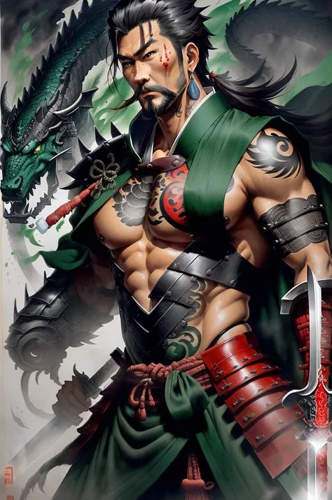 (((Chinese style，Ink painting method，half-body portrait，Intense color，Chinese, Chinese big breasts，Hanfu，armour，guan yu，Guan Yunchang，of a man，Ruddy killing square face，The right hand holds the Azure Dragon Moon Sword，Stroke your beard with your left hand，...