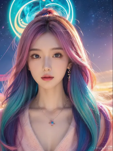 Close-up of a woman with colorful hair and necklace, Cosmic hair anime girl, RossDraws soft vibrancy, Guviz-style artwork, fantasy art style, Colorful], Vibrant fantasy style, Rossdraws comics are full of energy, cosmic and colorful, guweiz, Colorful digit...