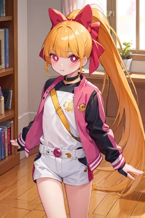 1girl, ppgzmmk, long hair, blonde hair, hair bow, blunt bangs, ponytail, red eyes, bright pupils, (change suit ), cute, in room