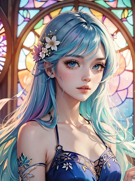 ((​masterpiece、top-quality))、High contrast、High color saturation、Tideplay、Luxley、split-colored hair、the wind、Flying petals、Stained glass with intricate and delicate decorations、2D、line-drawing、watercolor paiting、ink watercolor、Random colored hair、Super lon...