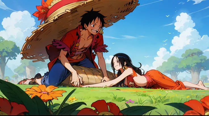 couple, Monkey d Luffy, Boa Hancock, 1girl, 1boy, laying on the grass, smile, laugh, romantic atmosphere, behind the flower, flower field, blue sky, landscape, onepiece,