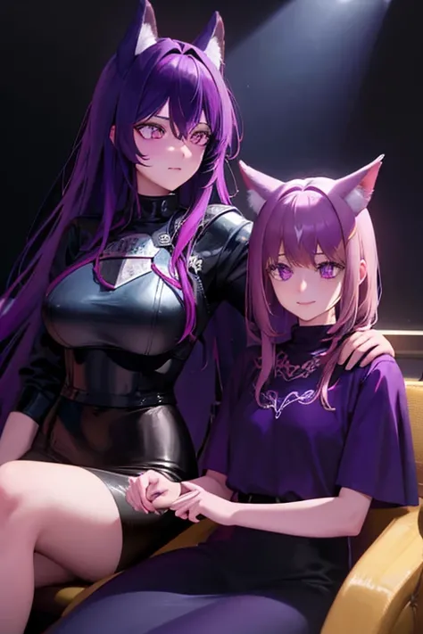 A purple haired wolf woman with purple eyes and wolf ears is sitting next to a blonde haired female knight with teal eyes.