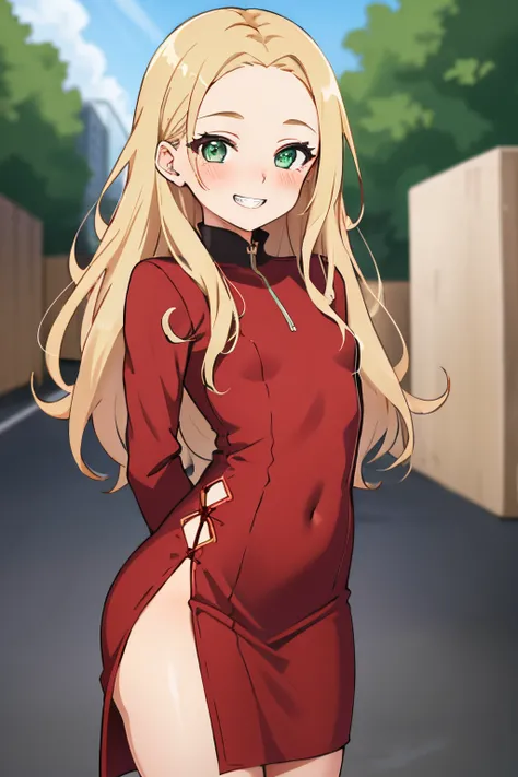 young girl, long hair, blond hair, dark green eyes, forehead, small breasts, short stature, (happy smile),(clenched teeth), sexy tight red dress, (blush),(hands behind back),( standing),park, outside, pov from front, looking at viewer,solo focus