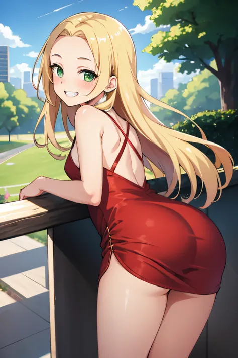 young girl, long hair, blonde hair, dark green eyes, forehead, small breasts, big ass, short stature, (happy smile),(clenched teeth),tight red dress, (blush),(ass focus),park, outside, pov from behind, looking at viewer,solo focus