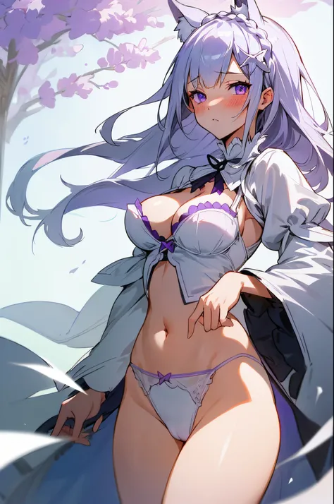 Emilia Re:Zero, white hair, white crown braid, purple ribbons in hair, white flower in hair, white lingerie, x hair ornament, purple eyes, long hair, medium breasts, fox ears, fox girl, 1girl, solo, 

(masterpiece:1.1), (best quality:1.1), (ultra-detailed:...