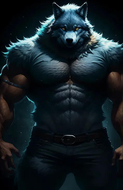 Muscullar furry wolf, very big body, cool style, wear short shirt without t-shirt