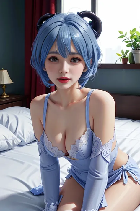 1 girl, photo-realism, 动态照明, art  stations, Volumetriclighting, Very detailed faces, 4K, 1 girl,in a hotel room，Lie flat on the bed，Lie flat on the bed in the bedroom，position in bed，The smile is bright，having fun，The expression is seductive，face flushed，D...