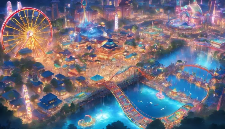 (masterpiece, best quality), worlds best theme park, fantasy, mega rollercoasters, giant ferris wheels, massive water park, magnificent, elaborate structure, sci-fi, view from above, perfect entertainment