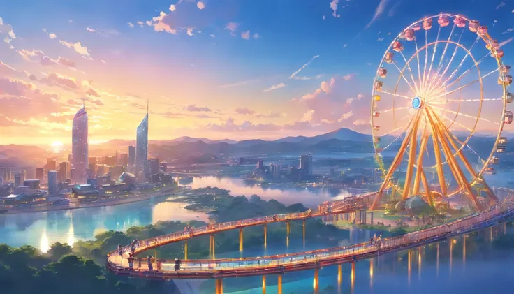 (masterpiece, best quality), worlds best theme park, fantasy, mega rollercoasters, giant ferris wheels, massive water park, magnificent, elaborate structure, sci-fi, view from above, perfect entertainment