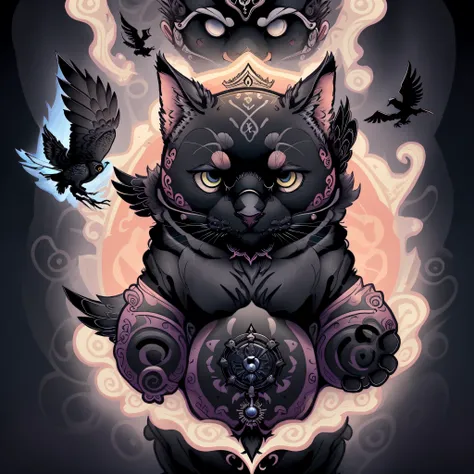 Create a sticker featuring adorable, mystical animals like black cats, owls, and ravens, each adorned with magical symbols and surrounded by a celestial background. This design captures the essence of companionship in Wiccan practices.