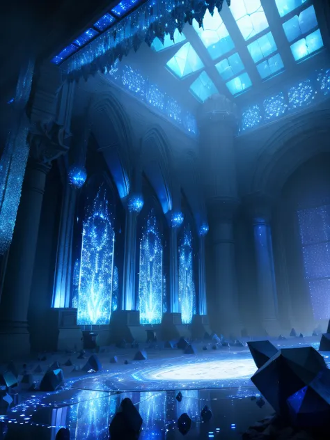 inside view of a fantasy battleground made of blue crystals , magic lights , well illuminated , wide angle , high detail