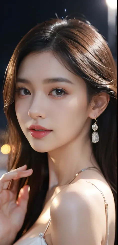 (Lovers 1 Girl), (Colossal tits:1.3),175 cm, Disney land、Cinderellas Castle、background of night view:1.4,The fountain、 ((Grab the viewers hand)), (master piece: 1.3), (max resolution: 1.4), (UltraHD: 1.2), cinematric light, UltraHD, (Detailed eyes and ski...
