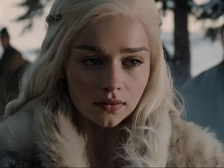 wide angle, 8k ultra-detailed, (best quality:1.3), cinematic shot, masterpiece, (sharp focus:1.5), (photorealistic:1.3), portrait, snow cold ambience, snowy woods, scouting, Daenerys Targaryen look-alike girl, fur clothes, hiding behind trees and bushes, h...