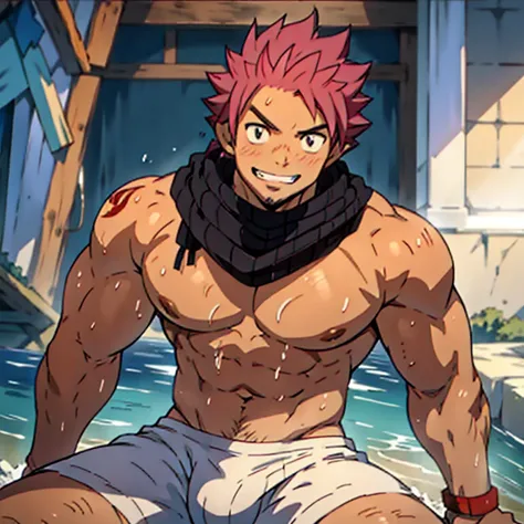 Natsu Dragneel，there is a man，Full body depiction，male only，Raised sexy，Refreshing Smile，winking，white legwear，G-string bikini， Masculine appearance， Mature men， Handsome， no pant， anime style art，sbeard，Volumetriclighting， Smooth and sharp focus， illustra...