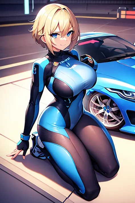 1girl, breasts, wide hips, large breasts, blonde hair, short hair, very short hair, hair, blue eyes, smile, white bodysuit, bodysuit, futuristic, tech, machinery, science-fiction, shoes, sneakers, neon trim, blue neon trim, neon, car, sports car, sport car...