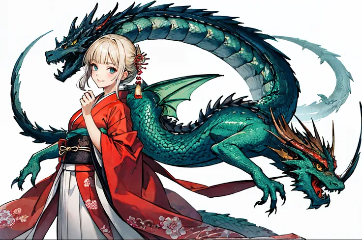 A beautiful girl in Japanese clothes with the image of a dragon