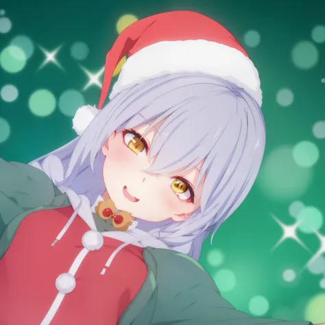 anime girl with white hair wearing a santa hat and green sweater, anime style. 8k, stylized anime, anime stylized, made with anime painter studio, 8k!, 8k!!, loli, cute! c4d, !8k!, kawaii, warm smile, open mouth, yellow eyes