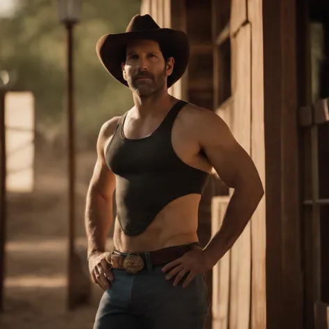 paul rudd, jockstrap, wearing a crop-top male nude with a cowboy hat, naked, full body, a crop top, HD 8k high quality, gay, cropped t-shirt