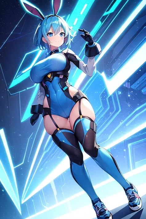 1girl, blue hair, large breasts, bunny ears, rabbit ears, wide hips, blue eyes, short hair, very short hair, science-fiction, tech, futuristic, machinery, full body, neon trim, bodysuit, light smile, shoes, sneakers, blue trim