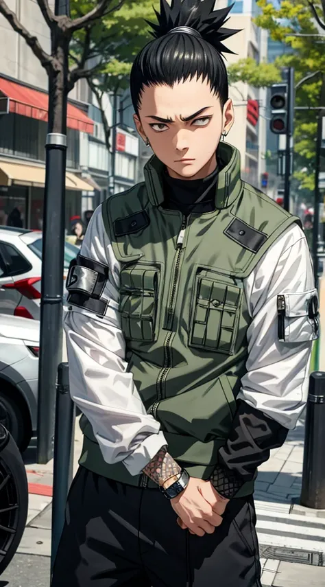 Masterpiece, 1boy, Superb Style, Urban Streetwear chothes, Outdoor, Upper Body, Shikamaru nara, bright eyes, black hair, cool boy