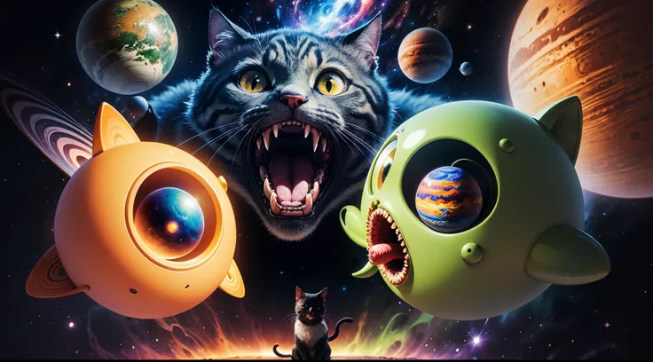 a cartoon of a cat with its mouth open and planets in the background, devouring a planet, alien mouth, cosmic horror style, cosmic horror illustration, psychedelic cosmic horror, cosmic horror!!, outerspace, cosmic lsd poster art, weird space, psychedelic ...