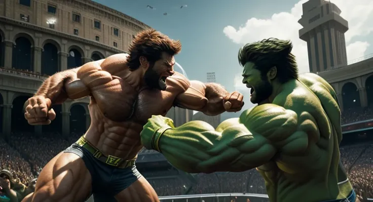 hulk and wolverine fighting in front of a stadium with a crowd, hulk like physique, hulk, vfx action shot, musclebound and hulking, vfx shot, cg art, movie cgi, hulking, epic scene from marvel movie, vfx movie, epic vfx shot, vfx movie closeup, vfx render,...