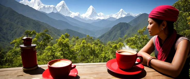 Nepal temple in mountain views coffee drinking time