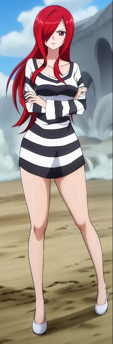 wanostyle, 1girl, priclothes, striped clothes, shirt, long sleeves, black and white stripes, erza scarlet, long hair, red hair, brown eyes, hair over one eye,